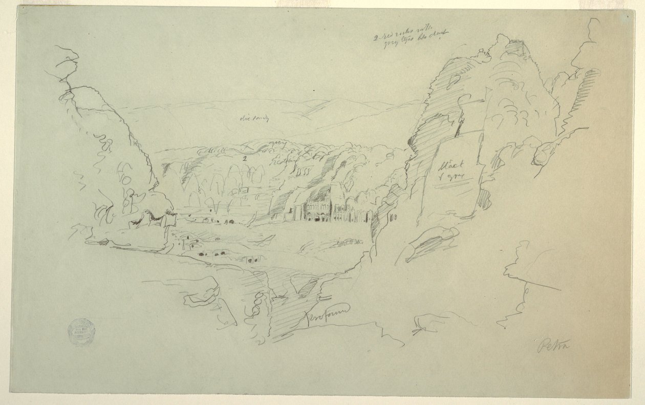 素描，约旦佩特拉，从西面看，显示宫殿和科林斯墓，1868 年 2 月 26 日 作者 弗雷德里克·埃德温·丘奇