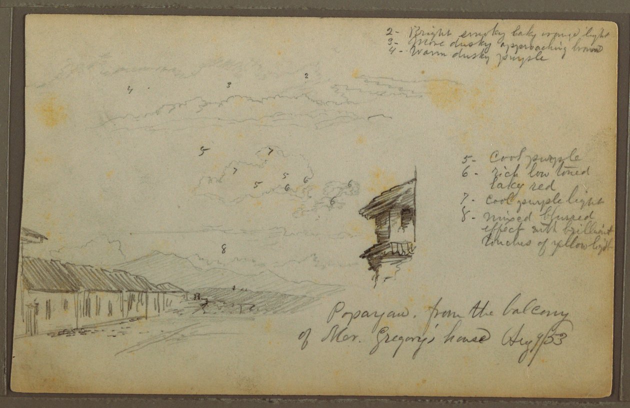 素描，哥伦比亚波帕扬；背面：山景，哥伦比亚，1853 年 8 月 9 日 作者 弗雷德里克·埃德温·丘奇