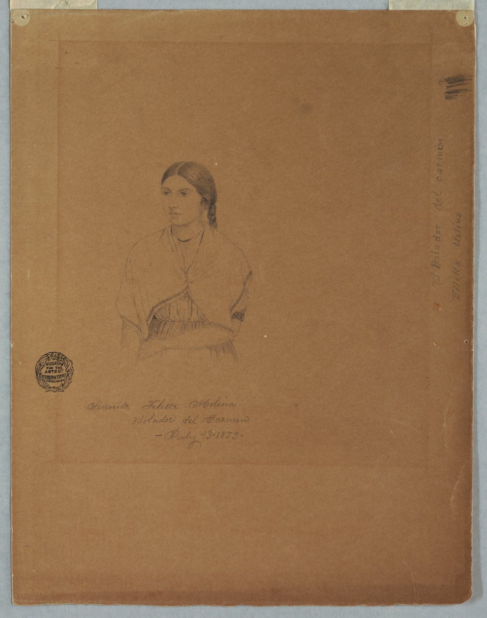 素描，玻利维亚女孩肖像：Filetta Molina Bolador del Carmen 参议员，哥伦比亚，1853 年 7 月 13 日 作者 弗雷德里克·埃德温·丘奇