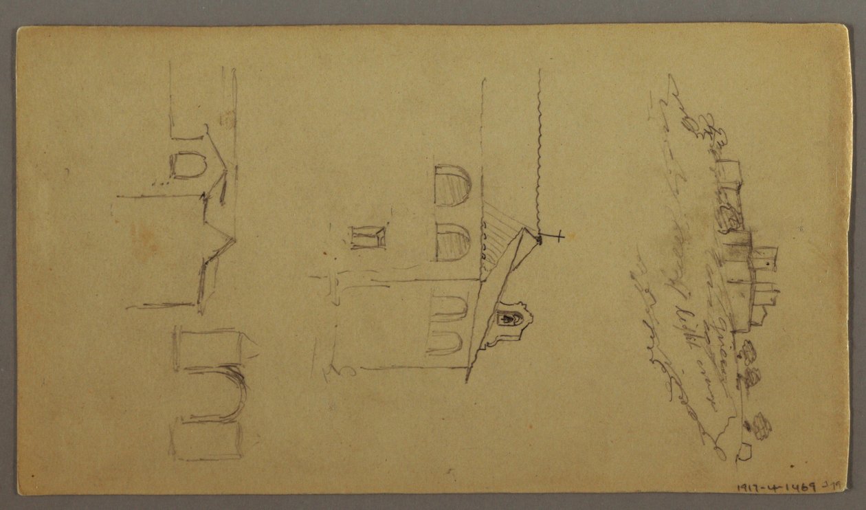 素描，正面：空白；反面：山顶堡垒，两个 c，门户，可能是 1868-69 年空白；背面：山顶上的堡垒，两个 c，通道，可能创作于 1868-69 年 作者 弗雷德里克·埃德温·丘奇