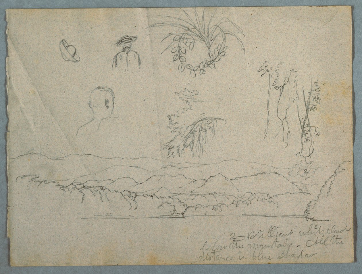 素描，有山有云的河岸，三幅植物素描和戴帽男子半身像研究，1853 年 作者 弗雷德里克·埃德温·丘奇