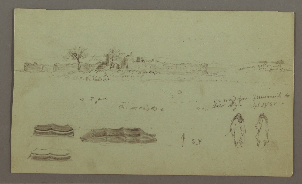 素描，城墙环绕的废墟，帐篷，两个人物研究，1868 年 4 月 28 日 作者 弗雷德里克·埃德温·丘奇