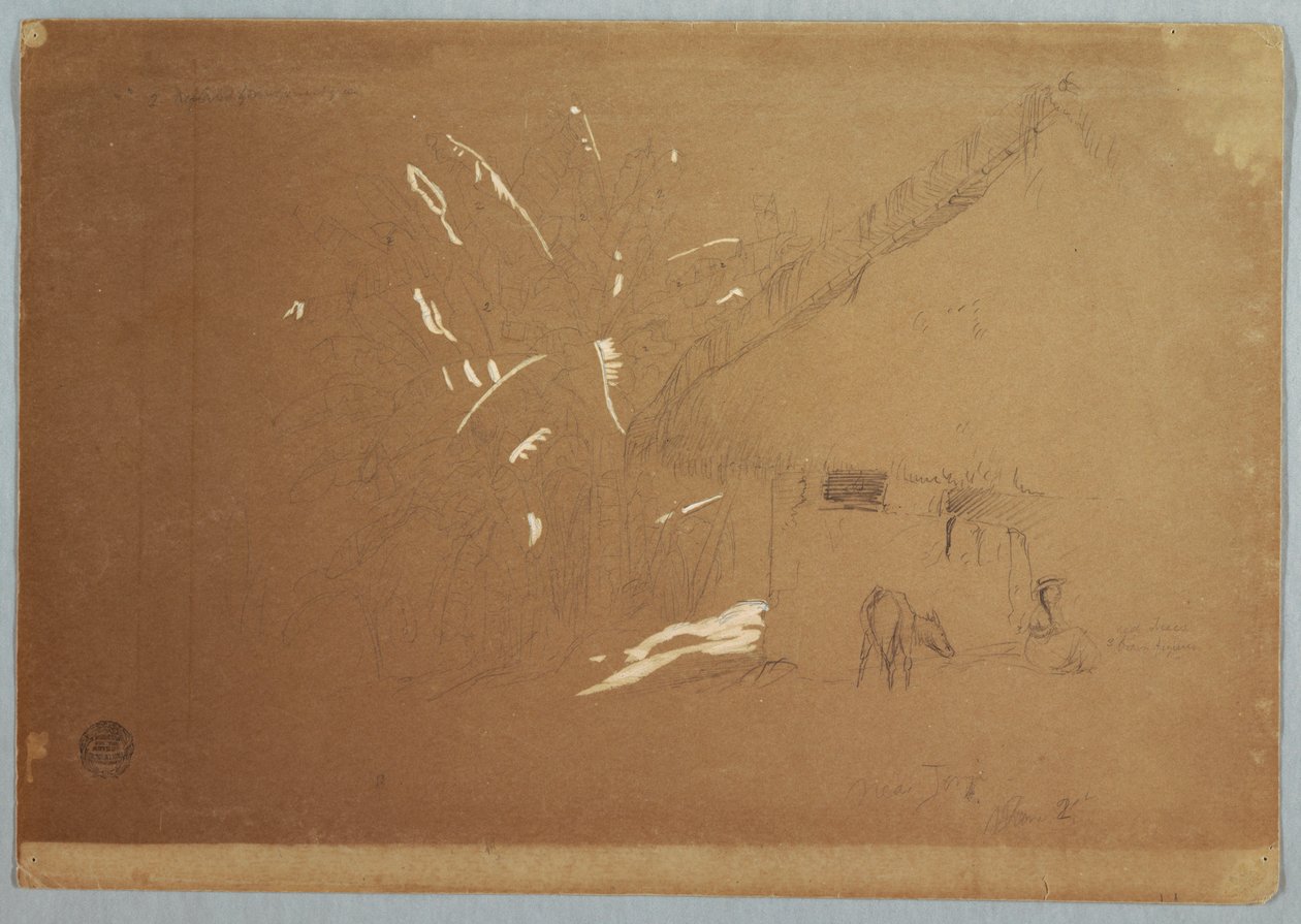 素描，厄瓜多尔霍尔耶附近房屋前坐着的妇女和放牧的驴子，1857 年 6 月 23 日 作者 弗雷德里克·埃德温·丘奇