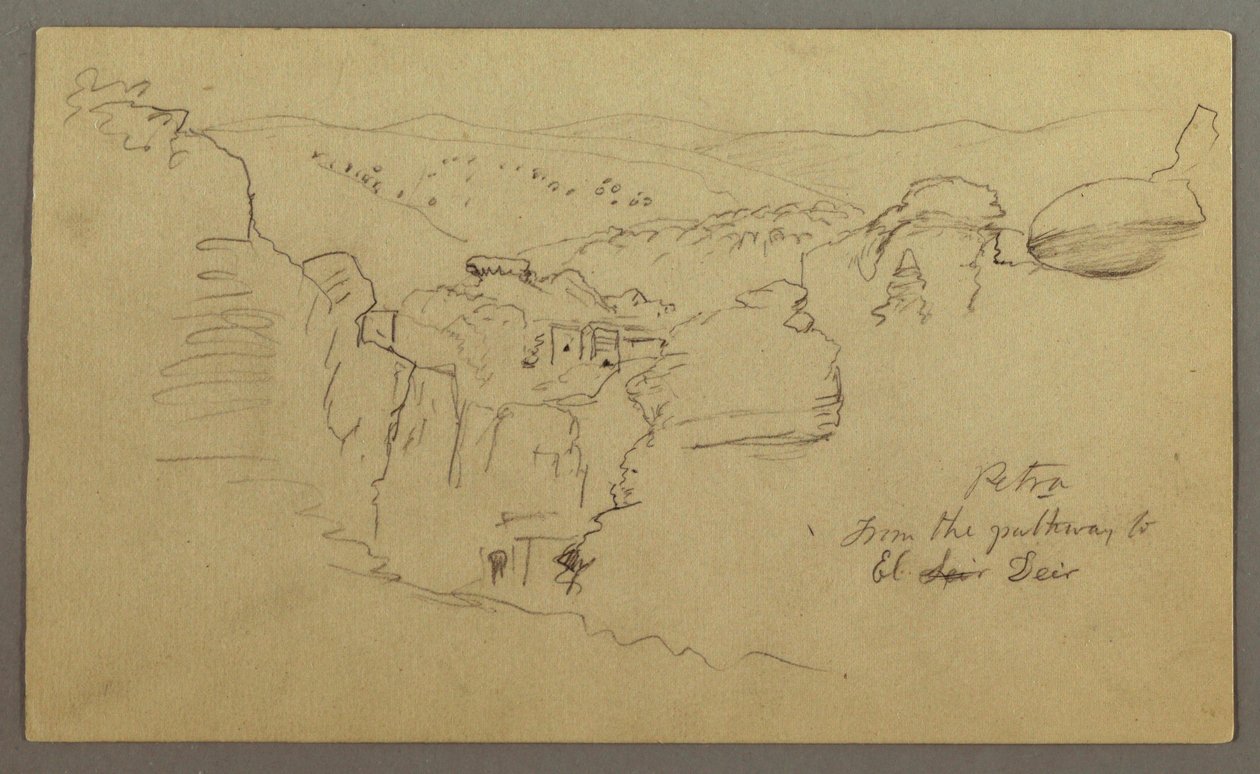 素描，草图。Khirbet en Wasara "佩特拉/通往埃尔代尔的通道 "景观，可能创作于 1868 年 2 月 26 日 作者 弗雷德里克·埃德温·丘奇