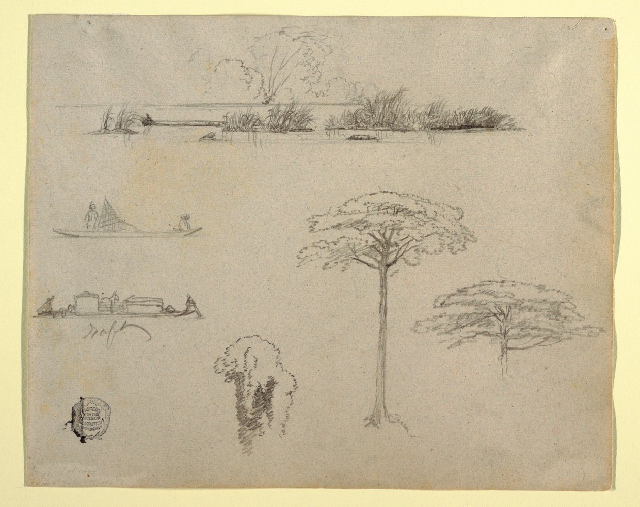 素描，哥伦比亚素描：河流风景、筏上的人和树，1853 年 作者 弗雷德里克·埃德温·丘奇