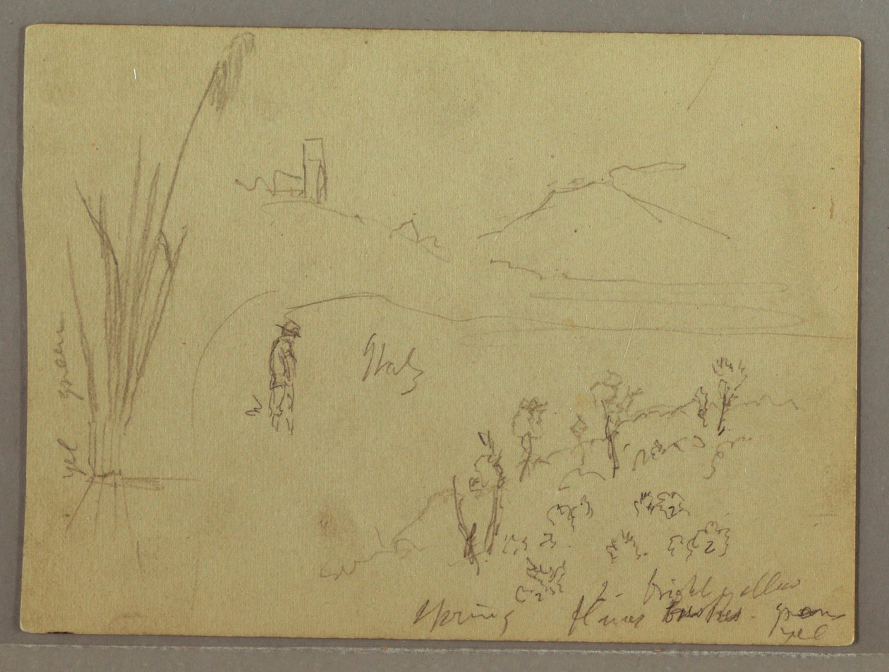 素描，意大利素描：有塔、山和人的建筑，1869 年 4 月 29 日 作者 弗雷德里克·埃德温·丘奇