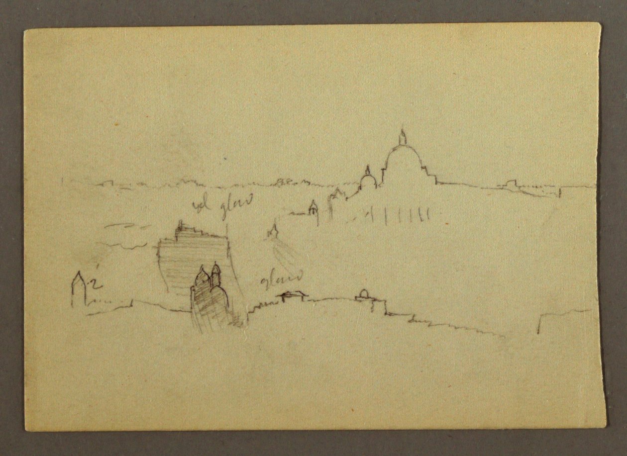 素描，1869 年 1 月从北面看到的圣彼得大教堂和罗马的山丘和天际线 作者 弗雷德里克·埃德温·丘奇