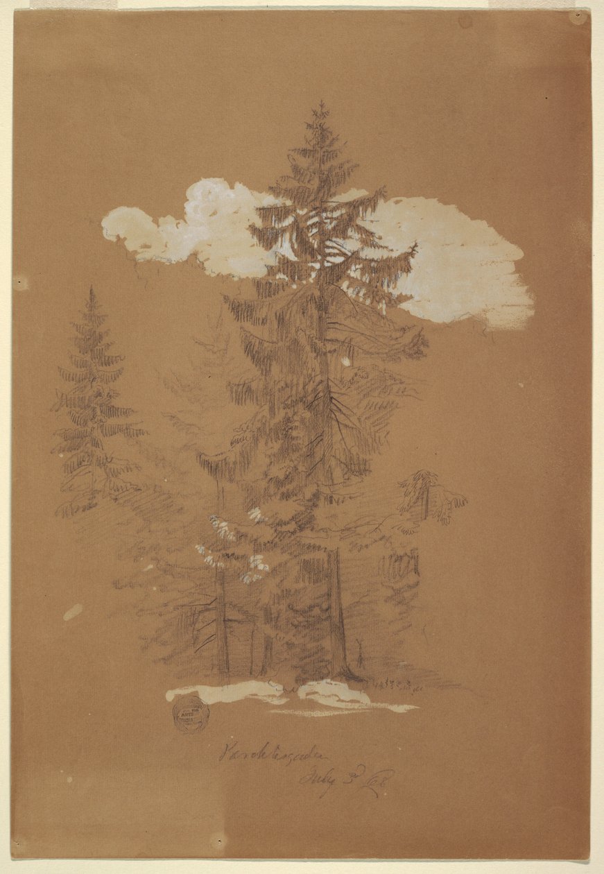 素描，树木，巴伐利亚贝希特斯加登，1868 年 7 月 3 日 作者 弗雷德里克·埃德温·丘奇