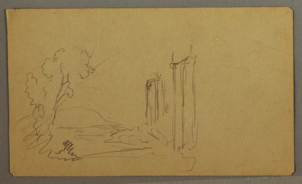 素描，树木，古典圆柱，可能创作于 1865-66 年 作者 弗雷德里克·埃德温·丘奇