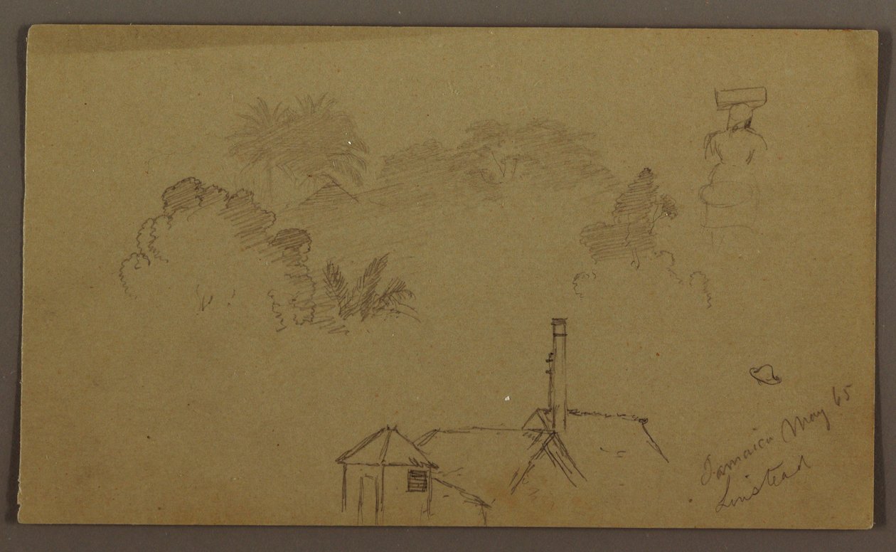 素描，树木，人物，房屋 林斯特德，1865 年 5 月 作者 弗雷德里克·埃德温·丘奇