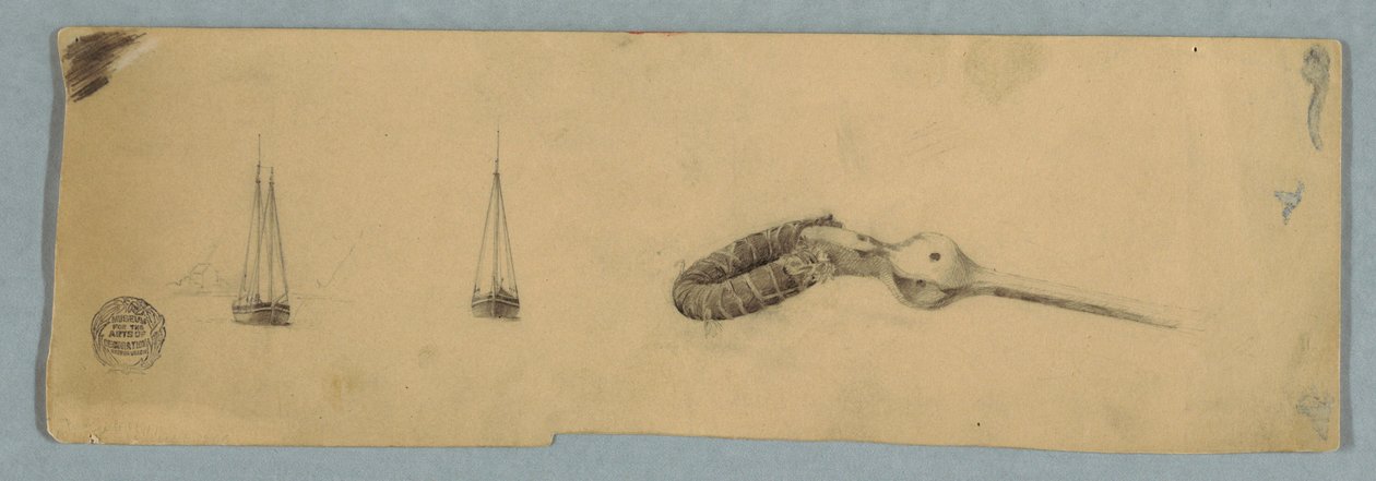 绘图，双桅船起锚和装置轴，1850-51 年 作者 弗雷德里克·埃德温·丘奇