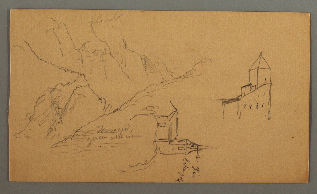 素描，两座教堂，山谷，瀑布，1868 年 作者 弗雷德里克·埃德温·丘奇