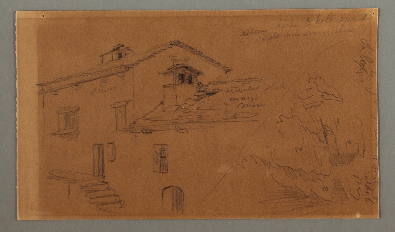 素描，两座房子，岩石，可能创作于 1868 年 作者 弗雷德里克·埃德温·丘奇