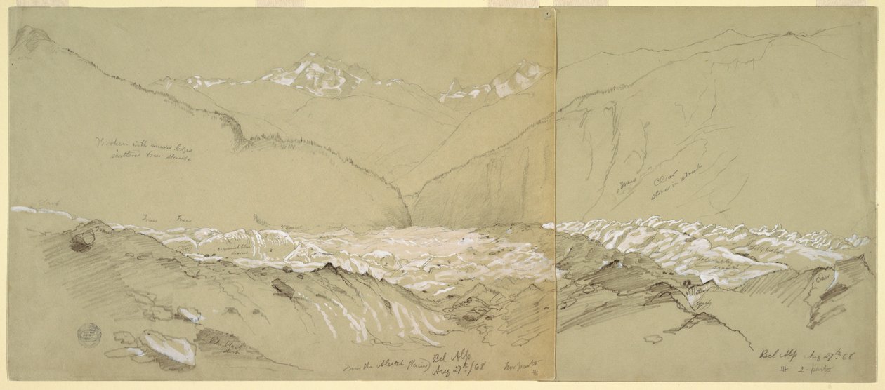 素描，上阿莱奇冰川与大佛斯山，1868 年 作者 弗雷德里克·埃德温·丘奇