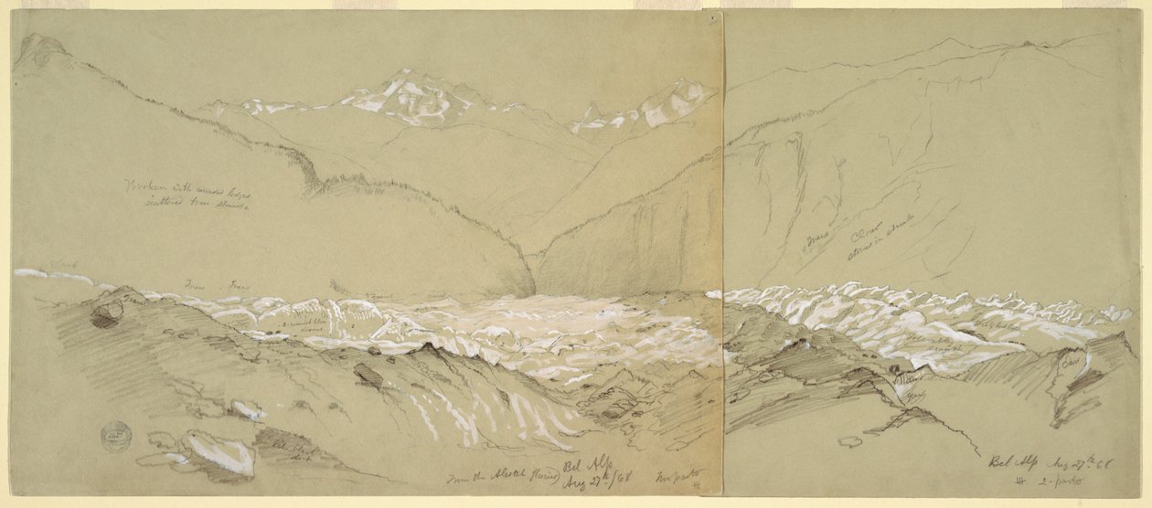 素描，上阿莱奇冰川与大佛斯山，1868 年 作者 弗雷德里克·埃德温·丘奇