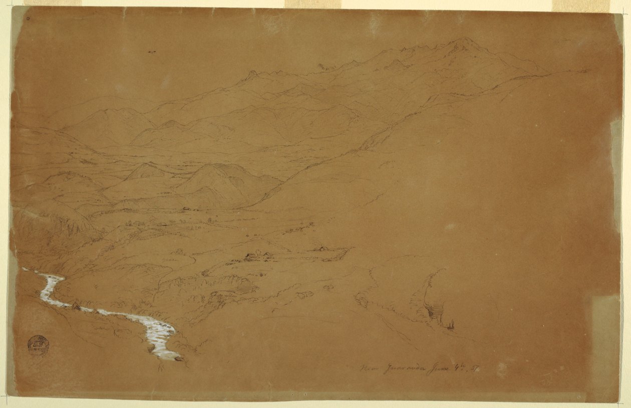 绘画，厄瓜多尔瓜兰达附近有溪流和房屋的山谷，1857 年 6 月 4 日 作者 弗雷德里克·埃德温·丘奇