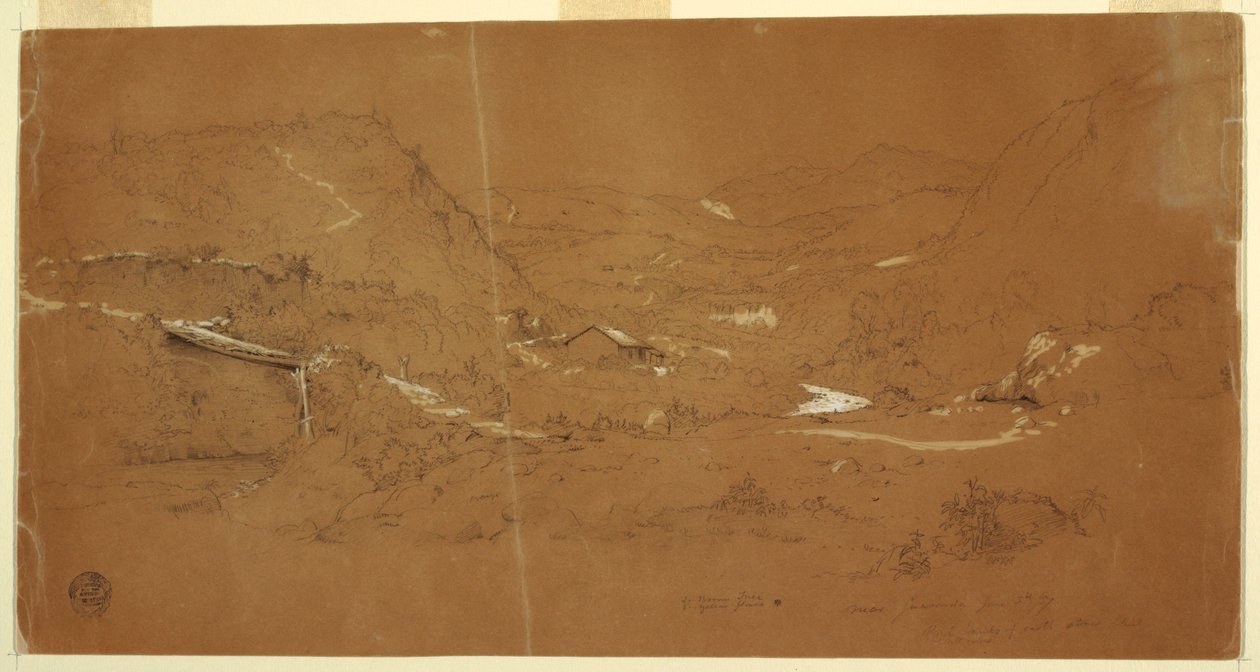 绘图，厄瓜多尔瓜兰达附近有桥和房屋的山谷，1857 年 6 月 5 日 作者 弗雷德里克·埃德温·丘奇