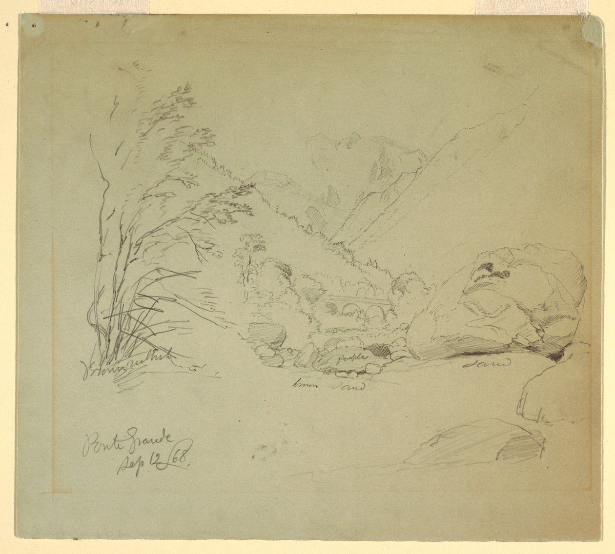 绘图，马库格纳加附近有桥的山谷，1868 年 9 月 12 日 作者 弗雷德里克·埃德温·丘奇