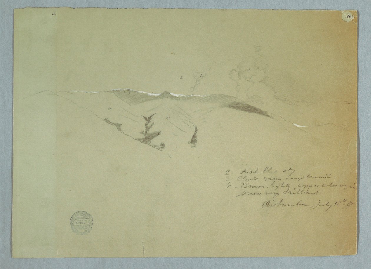 绘画，山谷和积雪覆盖的山脊，厄瓜多尔里奥班巴，1857 年 7 月 13 日 作者 弗雷德里克·埃德温·丘奇