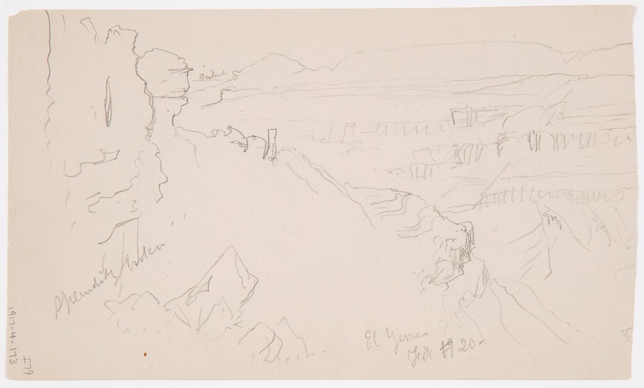 绘图，1868 年 2 月，埃尔耶门山谷，山丘和平原与山脉之间的景观 作者 弗雷德里克·埃德温·丘奇