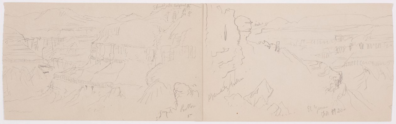 绘图，1868 年 2 月，埃尔耶门山谷，山丘和平原与山脉之间的景观 作者 弗雷德里克·埃德温·丘奇