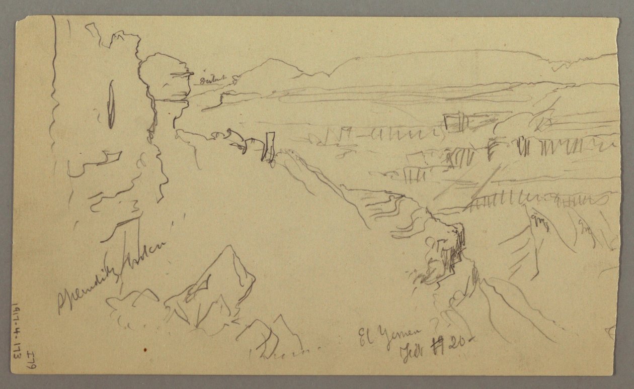 绘图，1868 年 2 月，埃尔耶门山谷，山丘和平原与山脉之间的景观 作者 弗雷德里克·埃德温·丘奇
