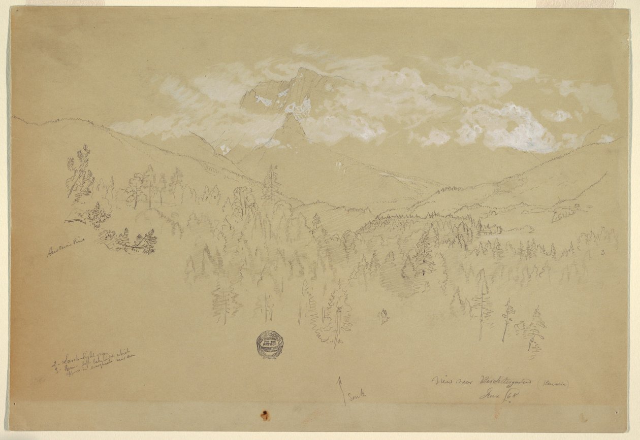 素描，巴伐利亚贝希特斯加登附近的景色，1868 年 6 月 作者 弗雷德里克·埃德温·丘奇