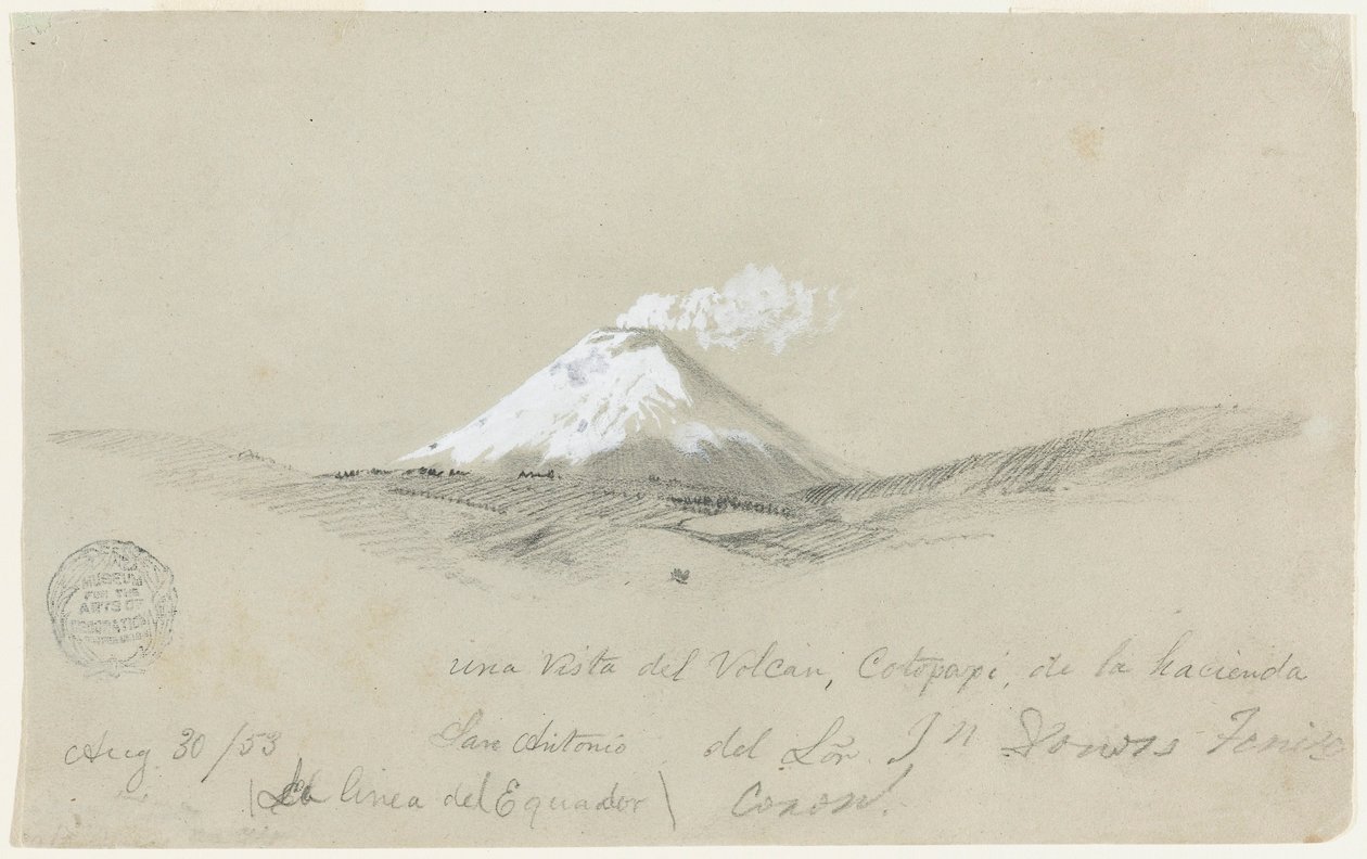 绘图，1853 年 8 月 30 日从厄瓜多尔圣安东尼奥庄园拍摄的科塔帕希火山景观 作者 弗雷德里克·埃德温·丘奇
