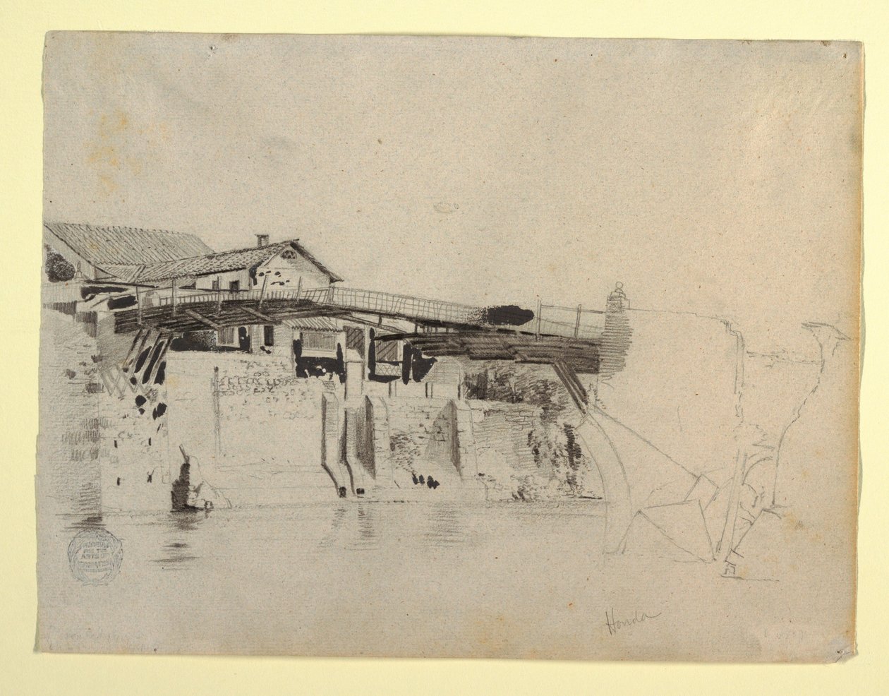 绘图，哥伦比亚本田的桥梁和房屋景观，1853 年 作者 弗雷德里克·埃德温·丘奇
