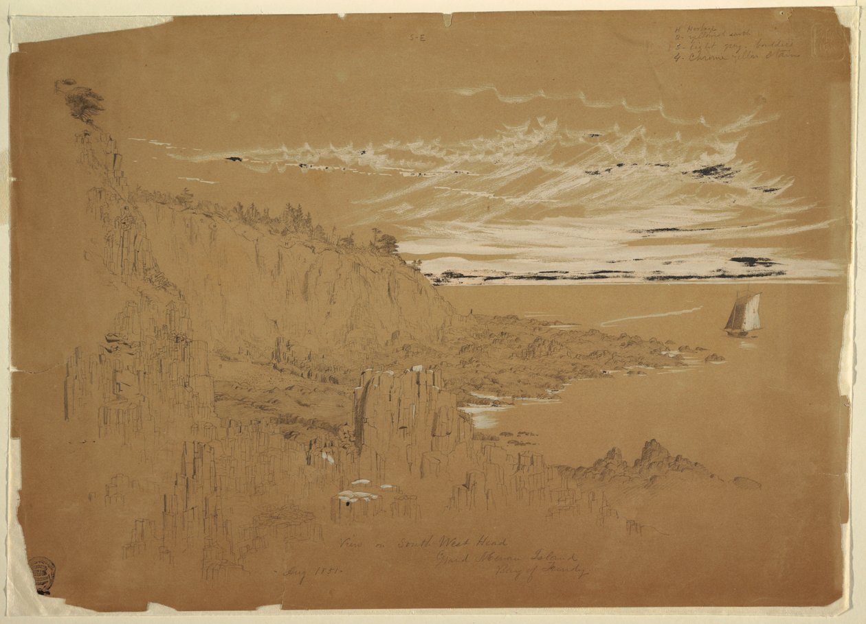 绘图，"加拿大芬迪湾大马南岛西南角景观"，1851 年 8 月 作者 弗雷德里克·埃德温·丘奇