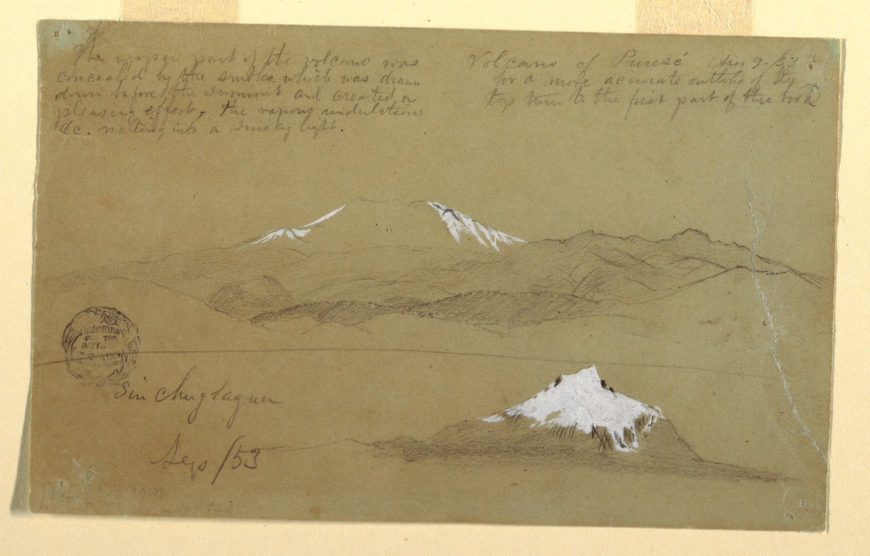 素描，哥伦比亚普雷塞火山和厄瓜多尔辛科拉瓜山景观，1853 年 8 月 9 日和 9 月 作者 弗雷德里克·埃德温·丘奇