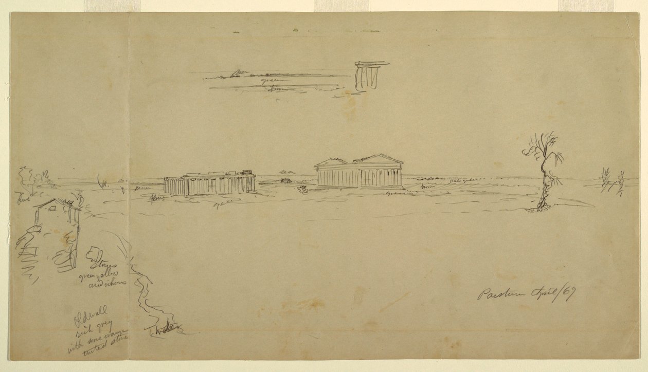 素描，大教堂和海神庙景观，意大利 Paestum，1869 年 4 月 作者 弗雷德里克·埃德温·丘奇