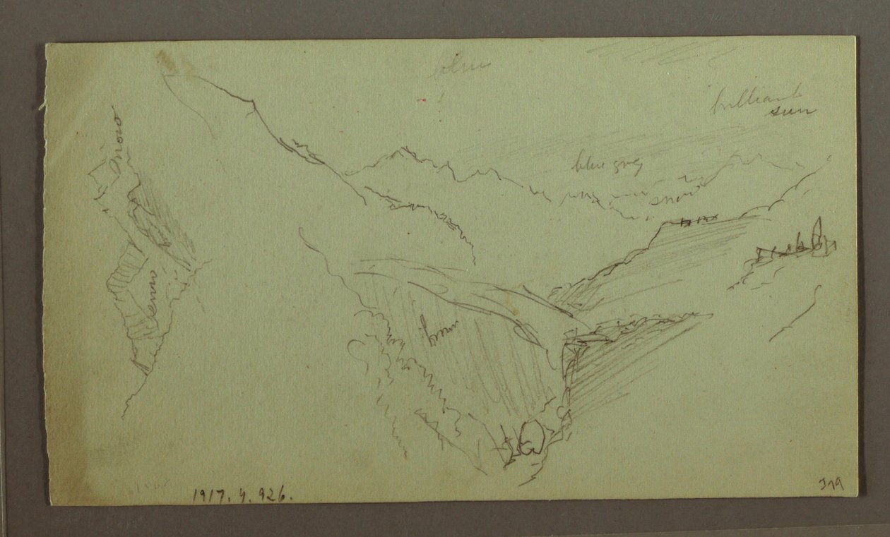 素描，村庄和陡峭的山谷（阿尔卑斯山），1868-69 年 作者 弗雷德里克·埃德温·丘奇