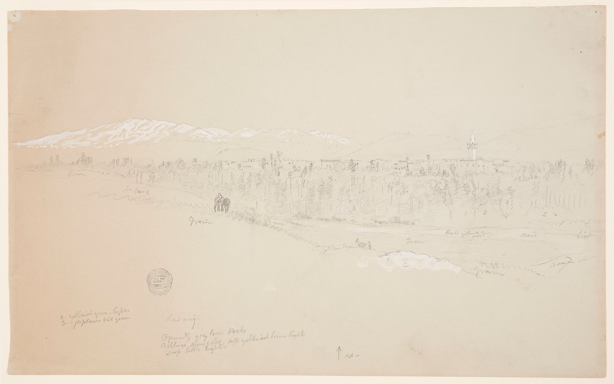 绘图，库赛耶村，远处的黎巴嫩山，1868 年 5 月 作者 弗雷德里克·埃德温·丘奇
