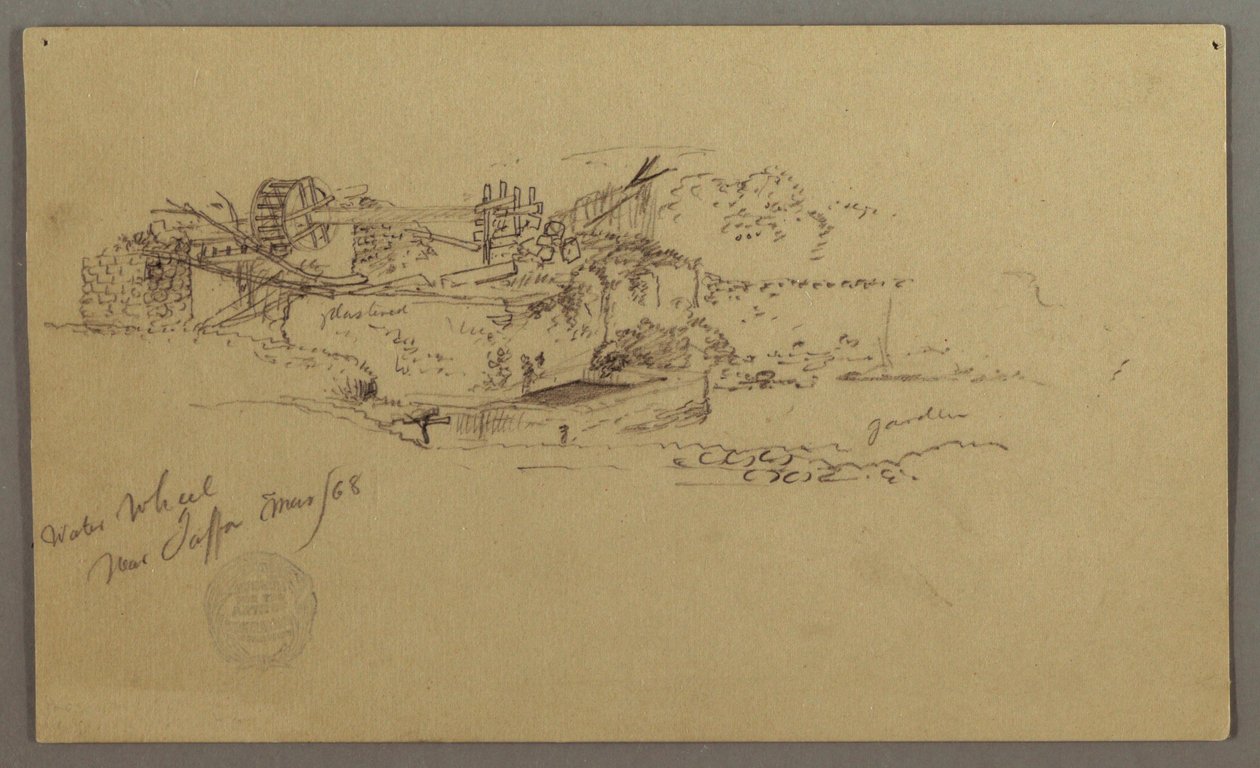 素描，花园中带盆的水车，巴勒斯坦雅法[以色列特拉维夫]，1868 年 3 月 作者 弗雷德里克·埃德温·丘奇