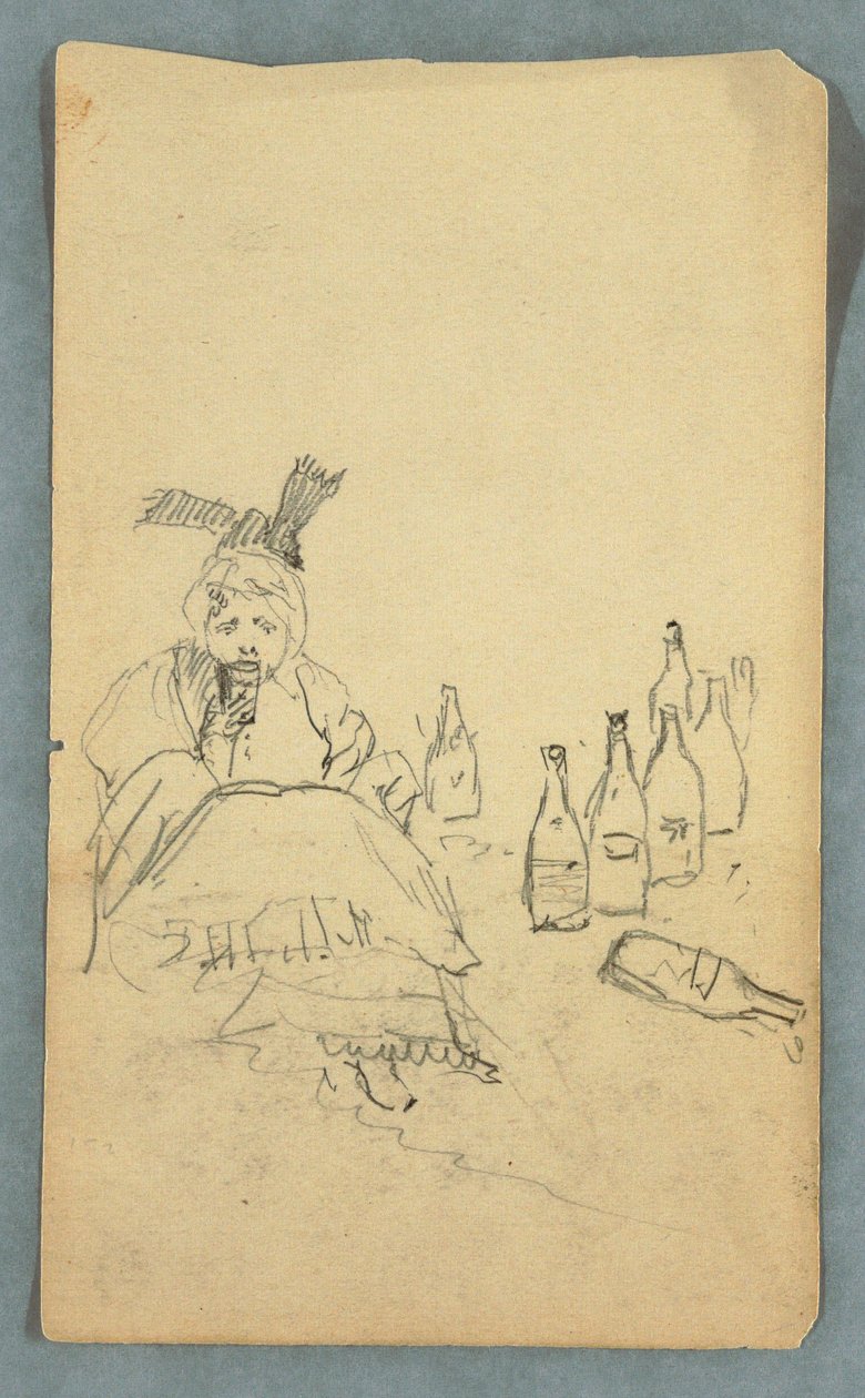 素描，饮酒的女人，酒瓶，直面；卡塔丁山攀登购物清单，背面，1878 年秋？ 作者 弗雷德里克·埃德温·丘奇