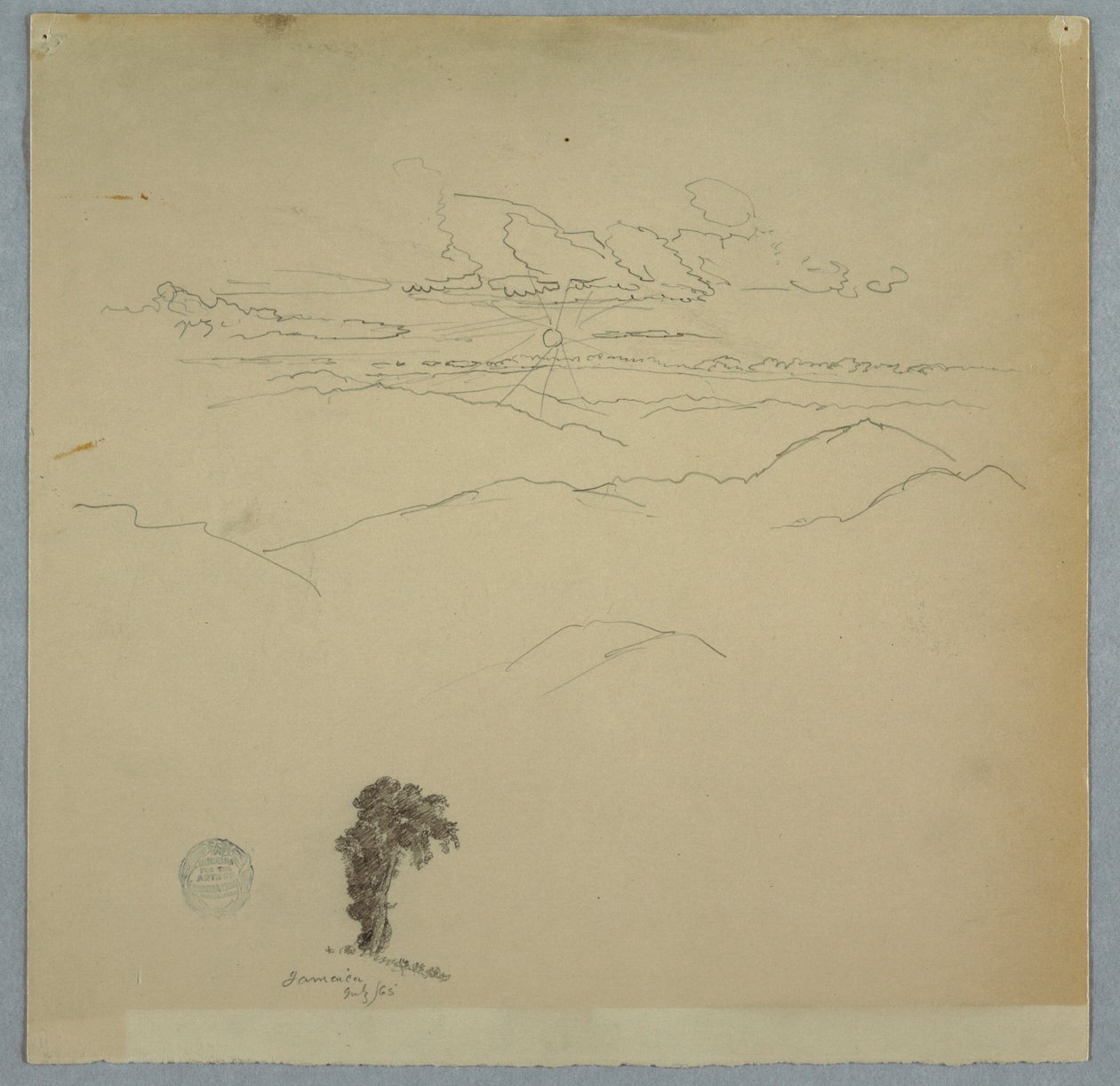 1865年7月，牙买加，有夕阳和树的山地景观 作者 弗雷德里克·埃德温·丘奇