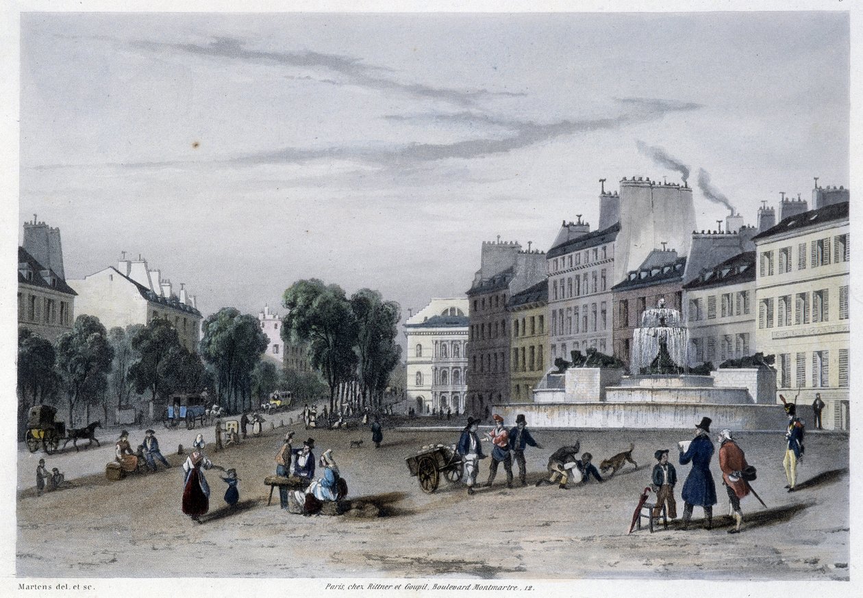 水塔（Fontaine），Bd St Martin - 在“” Paris en 1832 ”” by Martens 作者 弗雷德里克·马滕斯