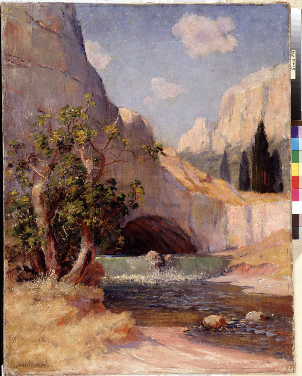 Fontaine du Vaucluse 普罗旺斯景观的视图。 Frederic Montenard (1849-1926) 的绘画《暗淡》。 65x50.5 厘米 强制提及：收藏基金会问候普罗旺斯、马赛 作者 弗雷德里克·蒙特纳德