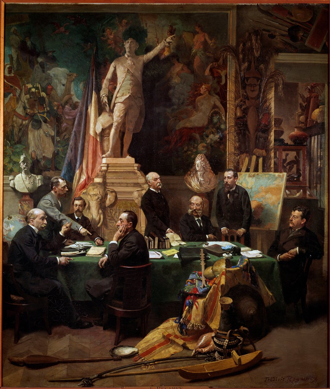 1892 年 11 月的殖民地代表从左到右：Chesse（塔希提岛）、Mager（Diego Suares）、Dussac（Nossy-Be）、de Faymoreau（马约特岛）、Jules Ferry（安南和东京）、Soller（法属几内亚） ，Cudenet（新喀里多尼亚）。 弗雷德里克·雷加姆（Frederic Regam）的绘画 作者 弗雷德里克·雷加梅