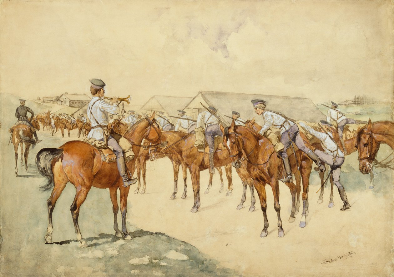呼唤武器（龙骑兵，登上！）1892-93（纸，水粉，钢笔，墨水，铅笔和身体颜色） 作者 弗雷德里克·雷明顿