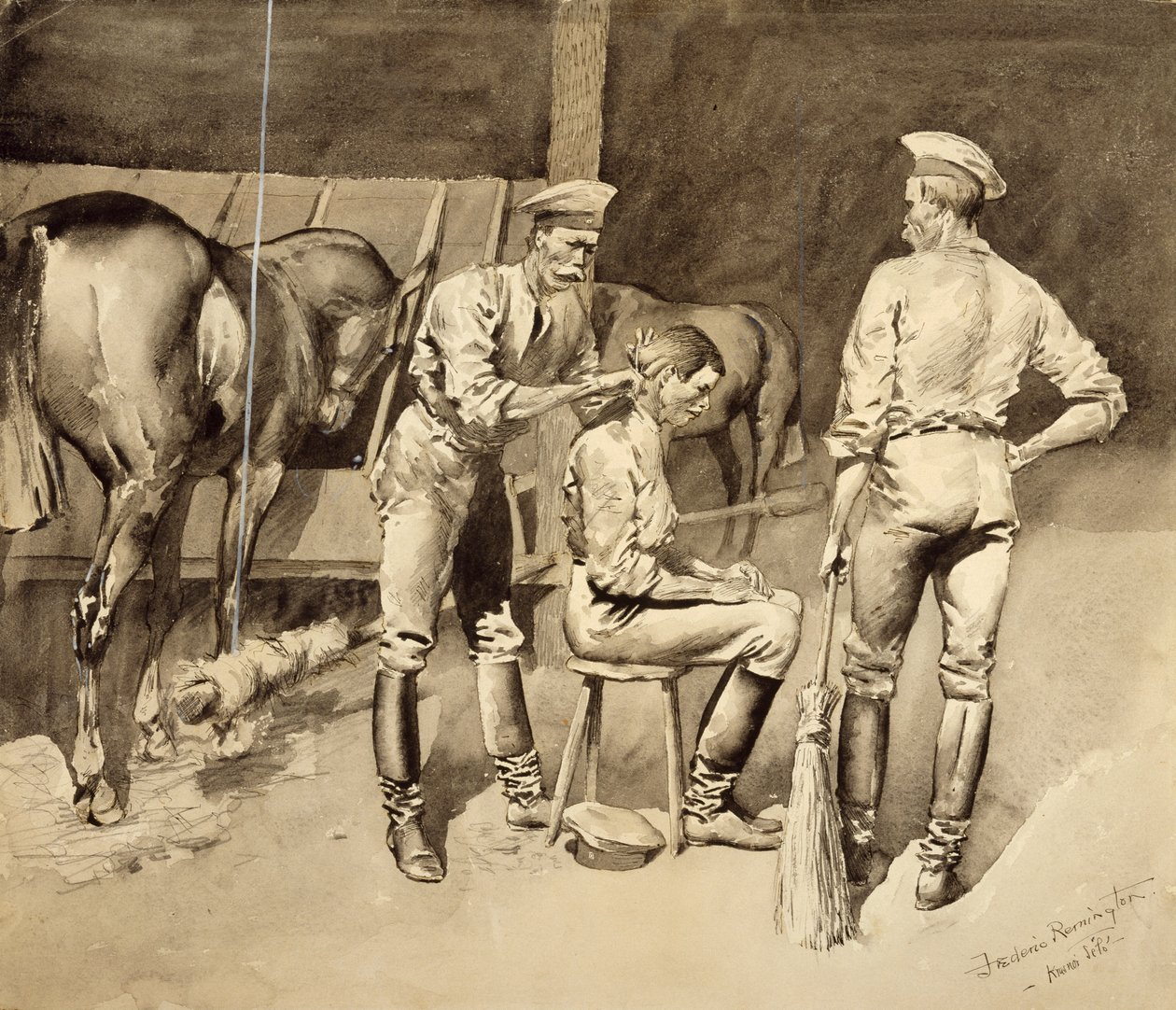 骑兵稳定的头发，c.1893（纸上wc） 作者 弗雷德里克·雷明顿