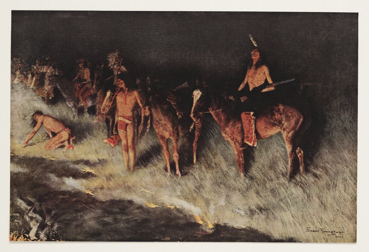 大草原上的火，来自Colliers Weekly，pub.1908 作者 弗雷德里克·雷明顿