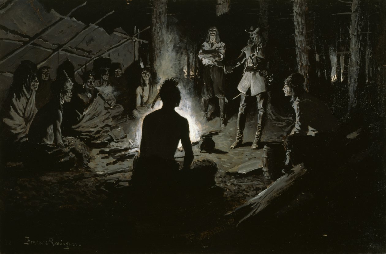 法国探险家委员会与印第安人（在易洛魁议会消防队）c.1901 作者 弗雷德里克·雷明顿