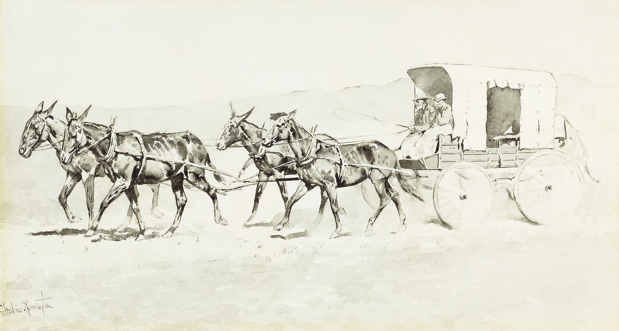 威廉姆森的舞台之一，约1892年（钢笔和画笔，黑色墨水和中国白纸） 作者 弗雷德里克·雷明顿
