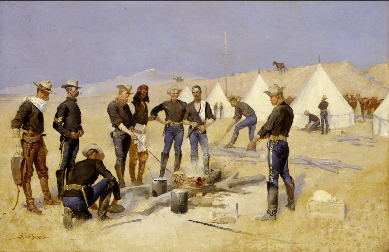 在一个骑兵营中烤圣诞牛肉，c.1892 作者 弗雷德里克·雷明顿