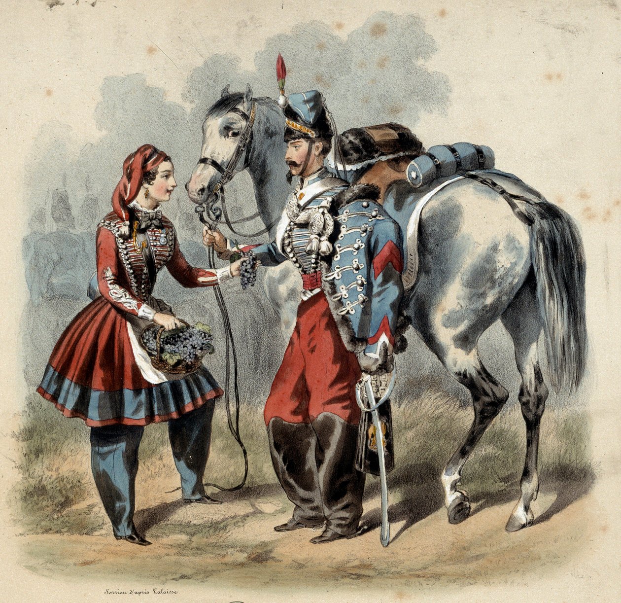 法国军队及其小酒馆：Hussard 和 cantiniere de troupe de line。 弗雷德里克·索里厄 (Frederic Sorrieu) 的雕刻 (1807 -? ) 作者 弗雷德里克·索里厄