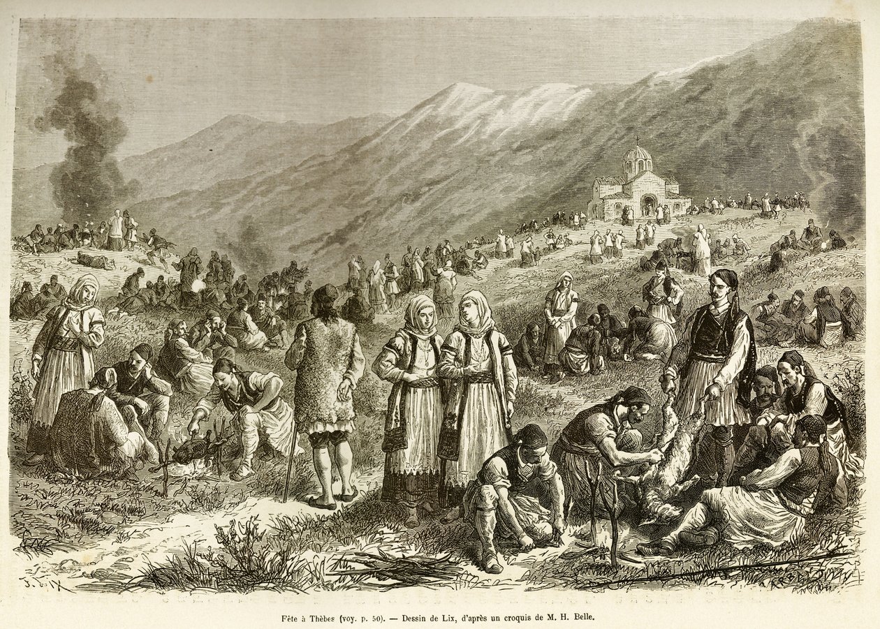 A feast in Thebes, that of the careme of the Virgin, bringing together all the inhabitants of the city and the surrounding area, each family robs a sheep for the occasion, in the foreground, men prepare the bete before cooking it. Engraving after the drawi 作者 弗雷德里克·西奥多·利克斯
