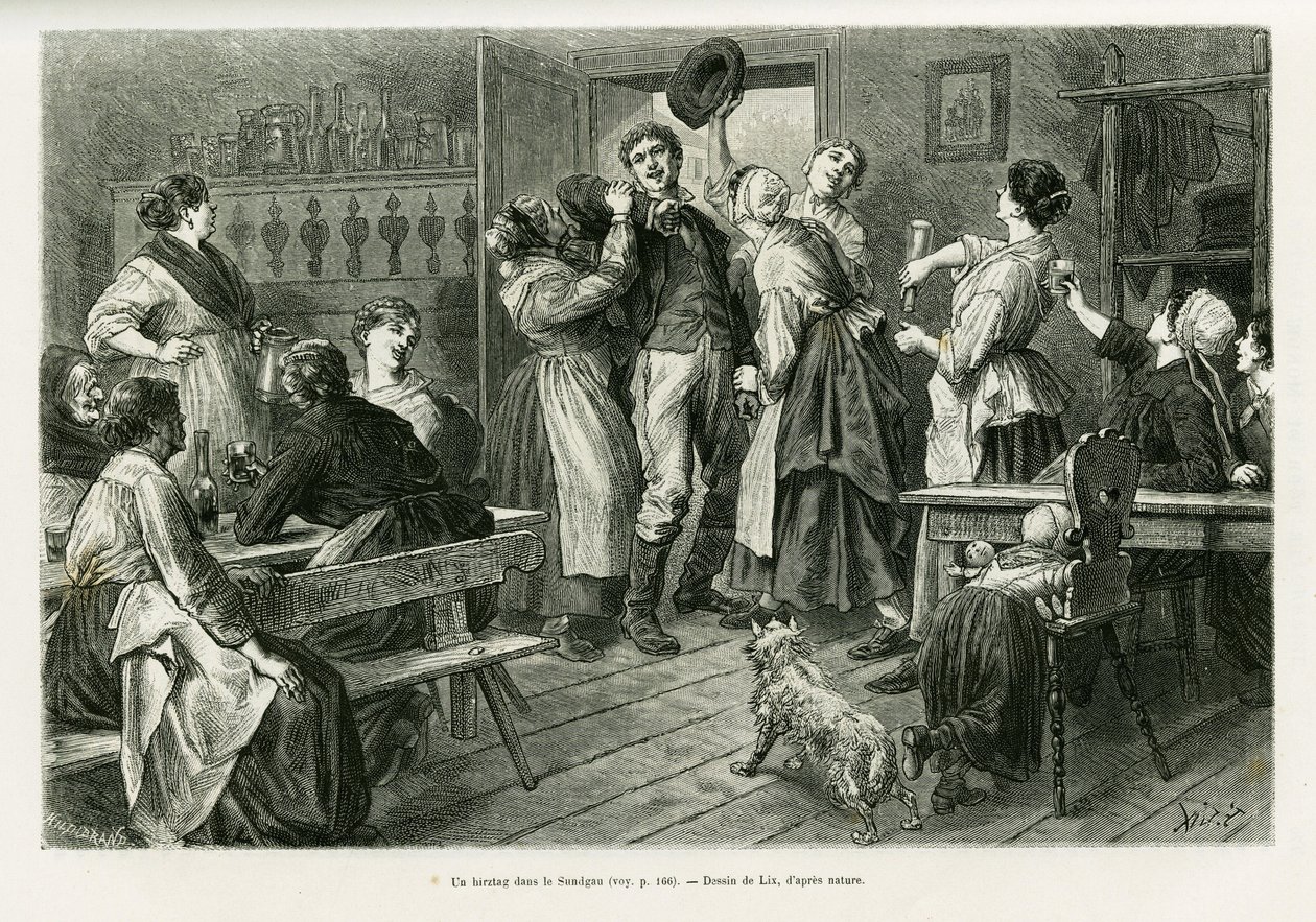 A hirtztag, a kind of carnival where everything is allowed for women, in the Sundgau. Engraving by Lix to illustrate the story A trevers l