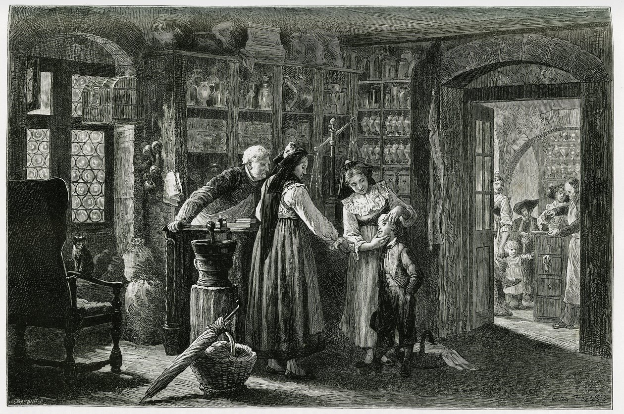 At the pharmacist of the village of Kaysersberg (or Kaisersberg, Alsace), an emergency consultation. Engraving by F.Lix, to illustrate the story “Through Alsace and Lorraine””, in 1884, by Charles Grad (1842-1890), German depute, writer and naturalist. Pub 作者 弗雷德里克·西奥多·利克斯